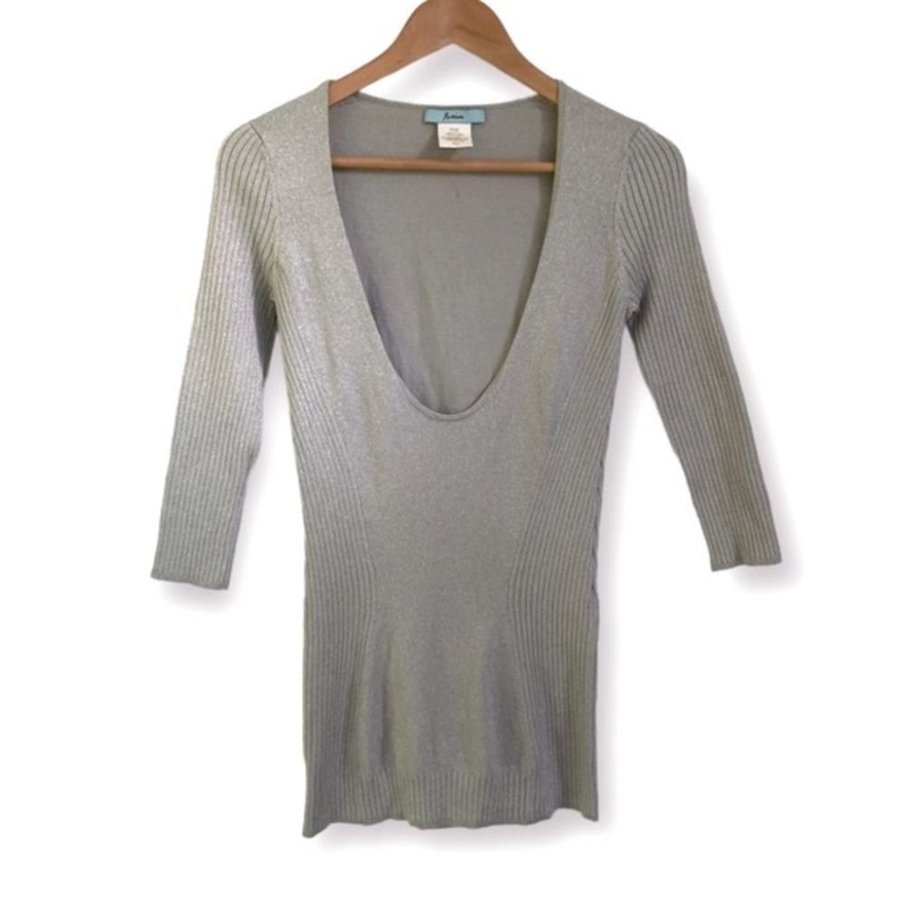 Marciano Silk Metallic Silver Plunge Neck Top
